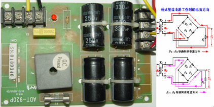 圖1.2.4 橋式整流電路工作時的電流流向，實物圖