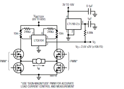 圖 4：LTC6104利用單端輸出提供雙向H橋監視。